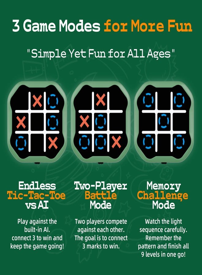 MASSRT 3 in 1 Electronic Tic Tac Toe Game, Handheld Digital Tic Tac Toe Bolt Game with Silent Mode, Portable Learing Toy Gift for Kids & Adults, Green(One Pack) - Image 4