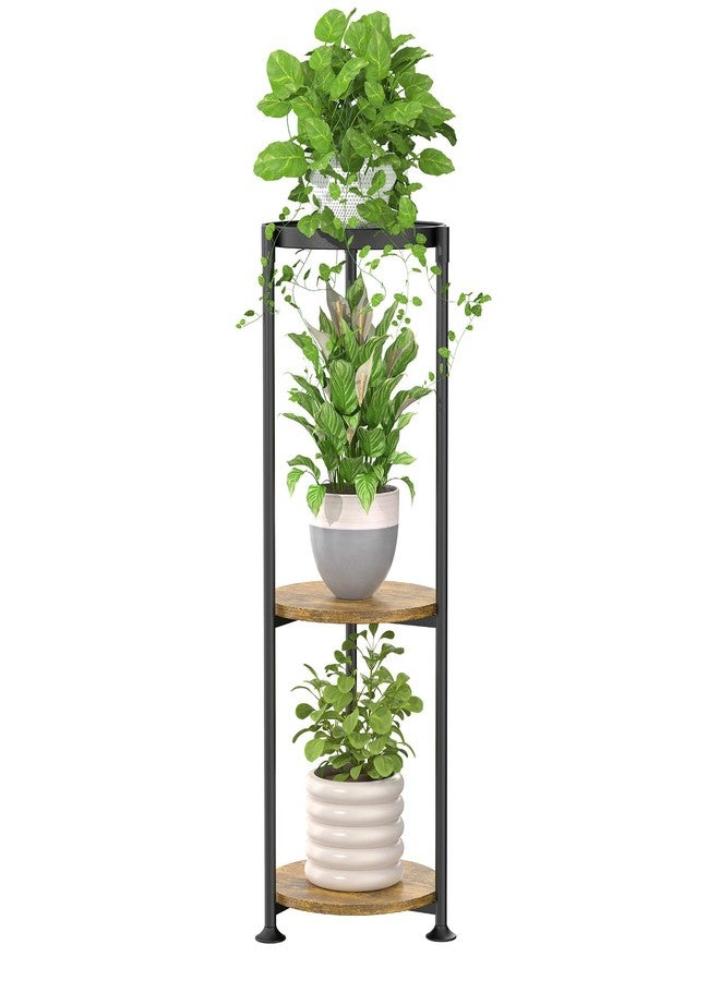 iDavosic.ly 3 Tier Corner Plant Stand Indoor, 34 Inch Tall Vertical Metal Flower Heavy Duty Pot Holder Shelf Outdoor for Patio Porch Living Room, Modern Black & Rustic Brown - Round - Image 1