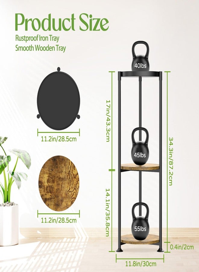 iDavosic.ly 3 Tier Corner Plant Stand Indoor, 34 Inch Tall Vertical Metal Flower Heavy Duty Pot Holder Shelf Outdoor for Patio Porch Living Room, Modern Black & Rustic Brown - Round - Image 2