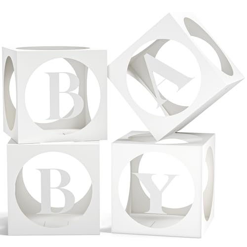 RYDDOY Baby Boxes with Letters for Baby Shower , White Clear Balloon Boxes with 4 Letter for Boy or Girl Gender Reveal Decorations, Baby Shower Decorations Blocks and Birthday Party Decor (4 Pcs) - Image 1