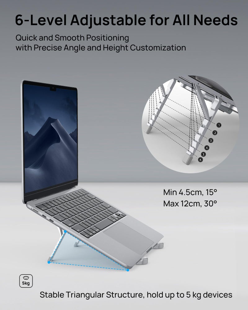 SODI Ultra Compact Foldable Laptop Stand - Portable Laptop Holder for Desk & Travel Use, Ergonomic Aluminum Computer Holder with Adjustable Height for MacBook, Tablet 10-16" (Light Gray, Bi-Fold) - Image 3