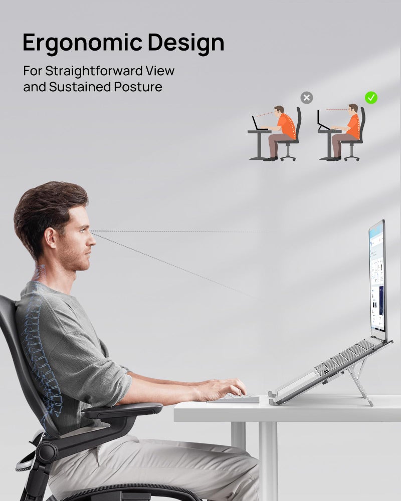 SODI Ultra Compact Foldable Laptop Stand - Portable Laptop Holder for Desk & Travel Use, Ergonomic Aluminum Computer Holder with Adjustable Height for MacBook, Tablet 10-16" (Light Gray, Bi-Fold) - Image 4