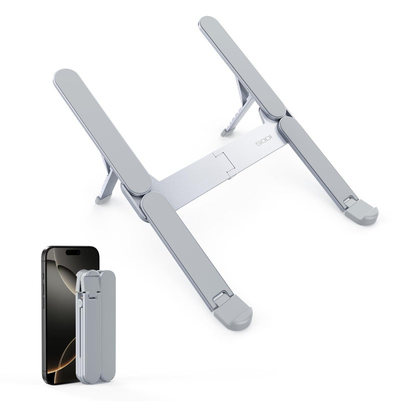SODI Ultra Compact Foldable Laptop Stand - Portable Laptop Holder for Desk & Travel Use, Ergonomic Aluminum Computer Holder with Adjustable Height for MacBook, Tablet 10-16" (Light Gray, Bi-Fold) - Image 1