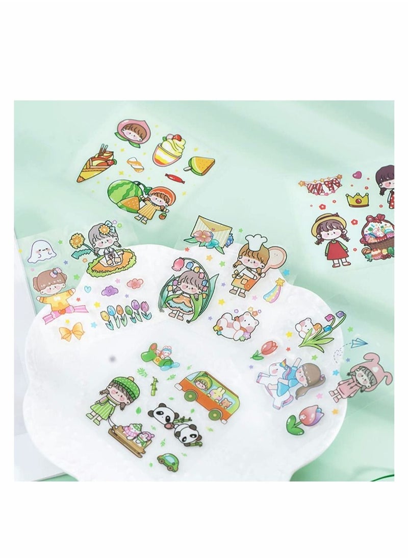 Excefore - Stickers Set, 100 Pcs Cute Cartoon Girl Animal Stickers, Kawaii Transparent PET Planner Sticker Sheets for Scrapbooking Bullet Journaling, Diary, DIY Arts Crafts, Album, Calendars Notebook Decorative - Image 1