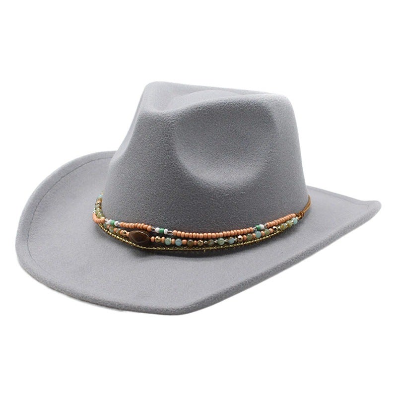 Cross-Border New Curled Cowboy Hat Western Ethnic Style Xizang Felt Hat Colorful Bead Rope Accessories Knight Hat Trendy - Image 2