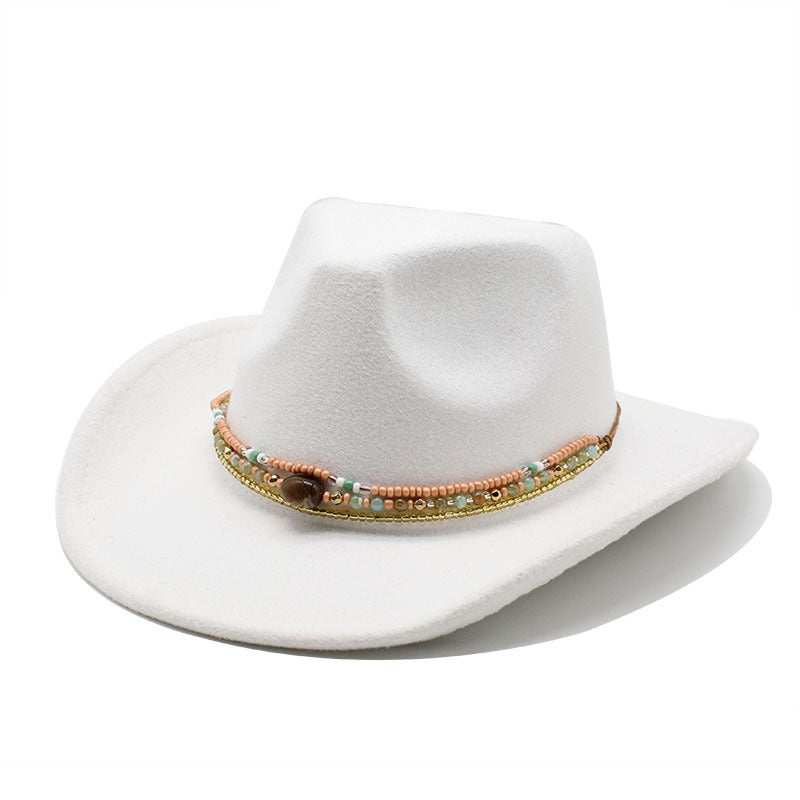 Cross-Border New Curled Cowboy Hat Western Ethnic Style Xizang Felt Hat Colorful Bead Rope Accessories Knight Hat Trendy - Image 5
