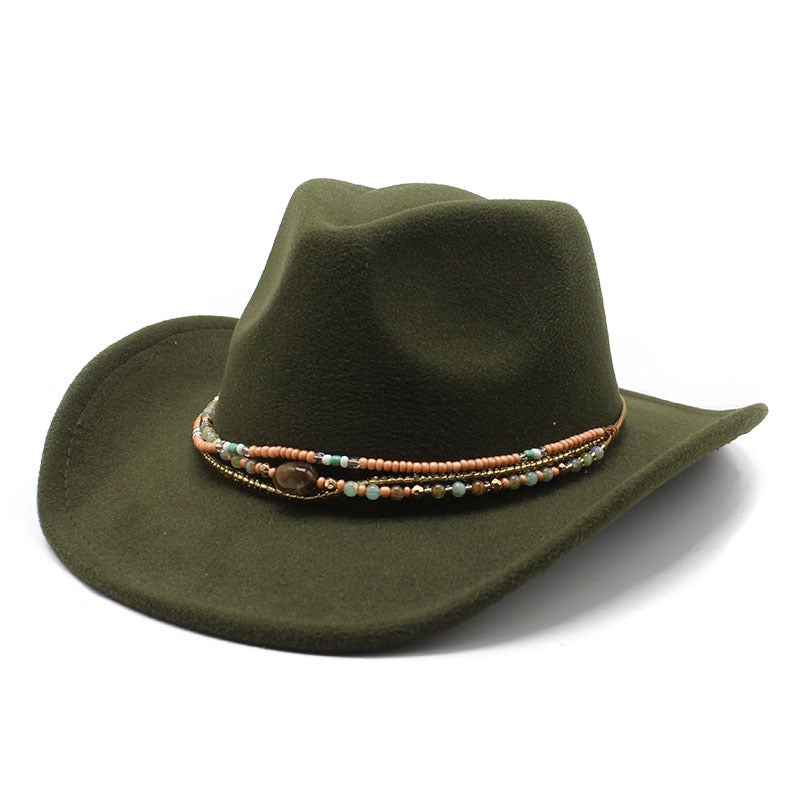 Cross-Border New Curled Cowboy Hat Western Ethnic Style Xizang Felt Hat Colorful Bead Rope Accessories Knight Hat Trendy - Image 1