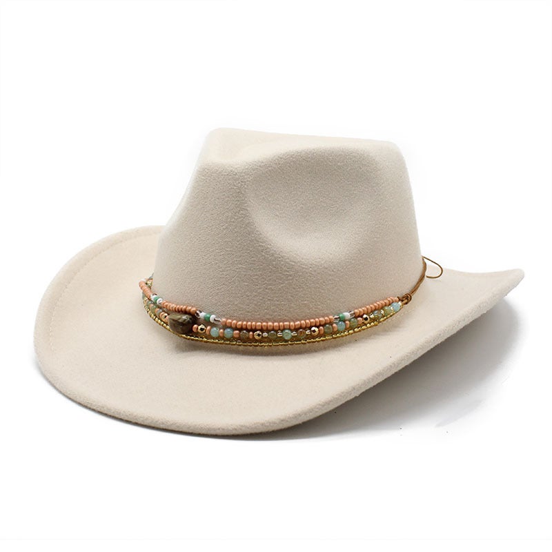 Cross-Border New Curled Cowboy Hat Western Ethnic Style Xizang Felt Hat Colorful Bead Rope Accessories Knight Hat Trendy - Image 3