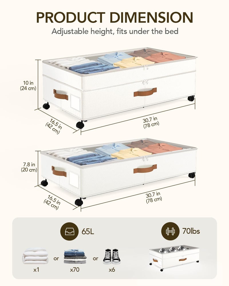 Megapuxin Under Bed Storage with Wheels, 10 inches Under Bed Storage Containers, 65L XXL Large Adjustable Underbed with Lids, Rolling Underbed Storage bins for Shoes, Clothes, Blankets, White - Image 2