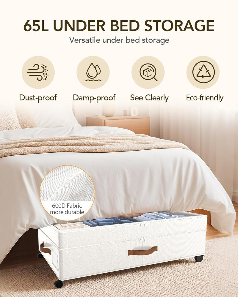 Megapuxin Under Bed Storage with Wheels, 10 inches Under Bed Storage Containers, 65L XXL Large Adjustable Underbed with Lids, Rolling Underbed Storage bins for Shoes, Clothes, Blankets, White - Image 4