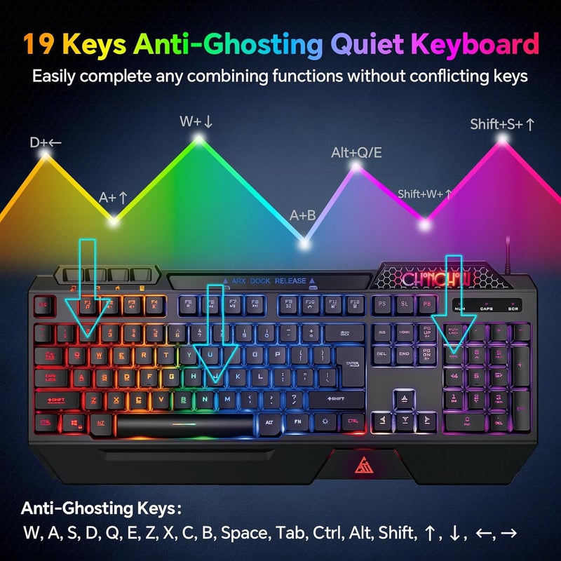 CHONCHOW مجموعة لوحة مفاتيح و ماوس ألعاب RGB من ، لوحة مفاتيح سلكية USB بإضاءة خلفية قوس قزح صامتة مضادة للظلال مع مسند معصم مريح وحامل هاتف، ماوس ألعاب 7D بدقة 7200 نقطة في البوصة لمستخدمي أجهزة الكمبيوتر وأجهزة Xbox وPS4 وPS5. - Image 5