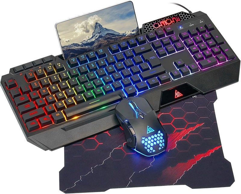 CHONCHOW مجموعة لوحة مفاتيح و ماوس ألعاب RGB من ، لوحة مفاتيح سلكية USB بإضاءة خلفية قوس قزح صامتة مضادة للظلال مع مسند معصم مريح وحامل هاتف، ماوس ألعاب 7D بدقة 7200 نقطة في البوصة لمستخدمي أجهزة الكمبيوتر وأجهزة Xbox وPS4 وPS5. - Image 1