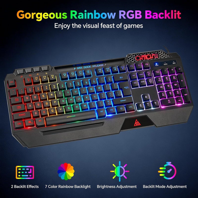 CHONCHOW مجموعة لوحة مفاتيح و ماوس ألعاب RGB من ، لوحة مفاتيح سلكية USB بإضاءة خلفية قوس قزح صامتة مضادة للظلال مع مسند معصم مريح وحامل هاتف، ماوس ألعاب 7D بدقة 7200 نقطة في البوصة لمستخدمي أجهزة الكمبيوتر وأجهزة Xbox وPS4 وPS5. - Image 2