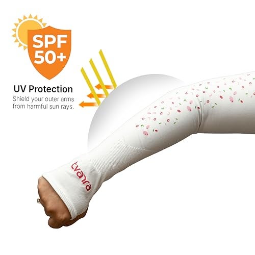 TVARRA Anti-Tan Printed Fingerless Arm Sleeves for Women| UV Sun Protection Hand Cover Sleeves for Bike Riding, Running & Outdoor Use, Dust,Winter & Summer Protection Arm Sleeves for Girls (White) - Image 2