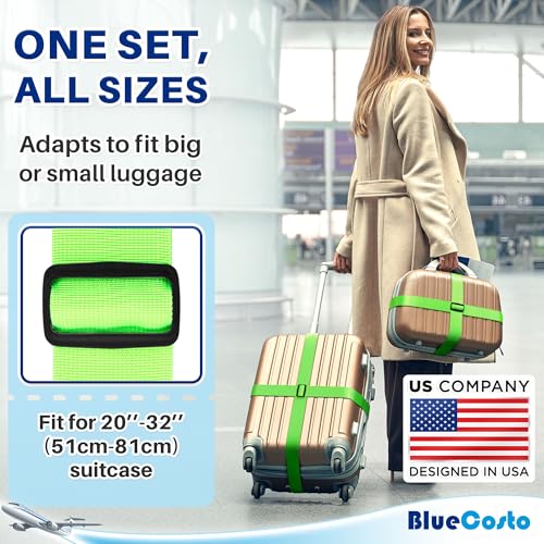BlueCosto Luggage Straps for Suitcases - TSA Approved - Neon Green, 4 PK - Premium Nylon Belts for Suitcase, Briefcase & Travel Bag - Adjustable Strap Length 46" - 78" - Image 3