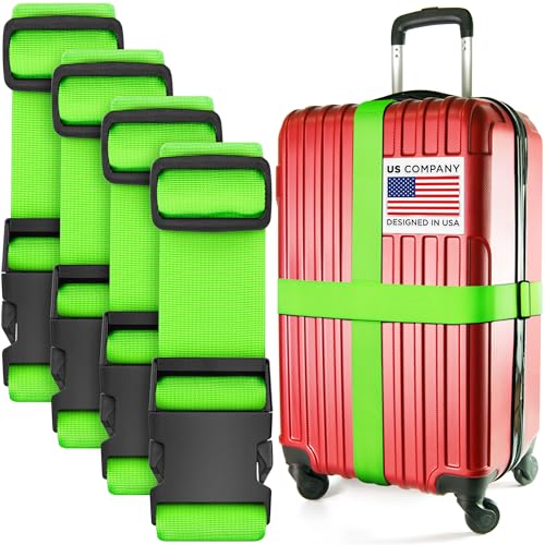 BlueCosto Luggage Straps for Suitcases - TSA Approved - Neon Green, 4 PK - Premium Nylon Belts for Suitcase, Briefcase & Travel Bag - Adjustable Strap Length 46" - 78" - Image 1