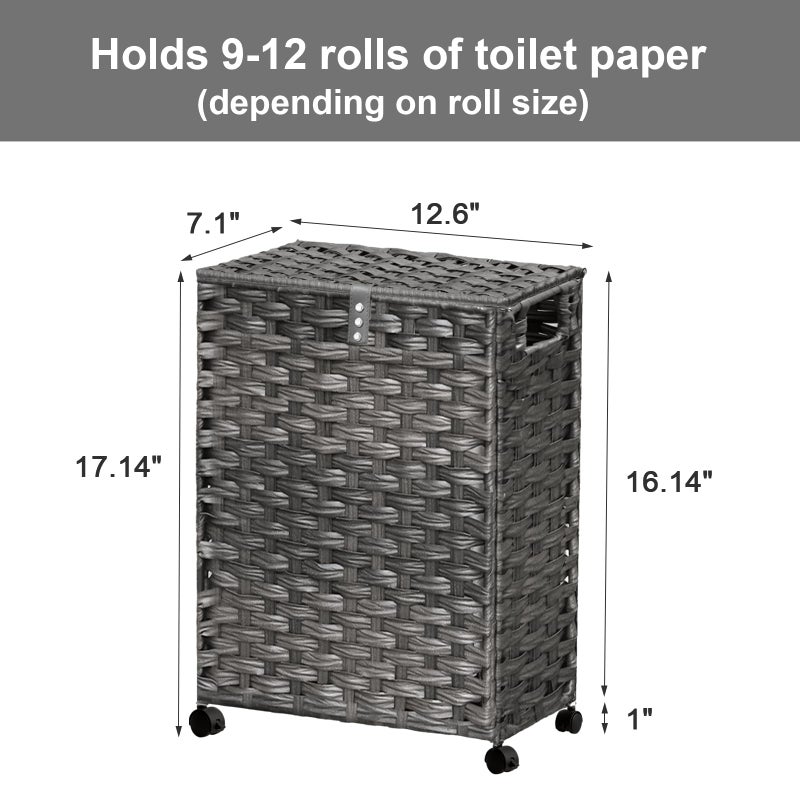 Hiagnete Toilet Paper Storage Basket with Lid and Wheels, Rattan Toilet Paper Holder Storage, Toilet Paper Organizer for Bathroom, Bedroom, Kitchen, 12.6â€L x 7.1â€W x 17.14â€H, Grey - Image 4