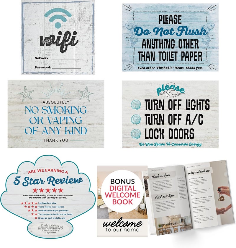 ORCA 5 Essential AirBnB Signs For Hosts | Wifi Password Sign For Home Guests, No Smoking, Do Not Flush For Bathroom Toilet, Turn Off Lights & AC, Air Bnb Vacation Rental Review Request Fridge Magnet - Image 1