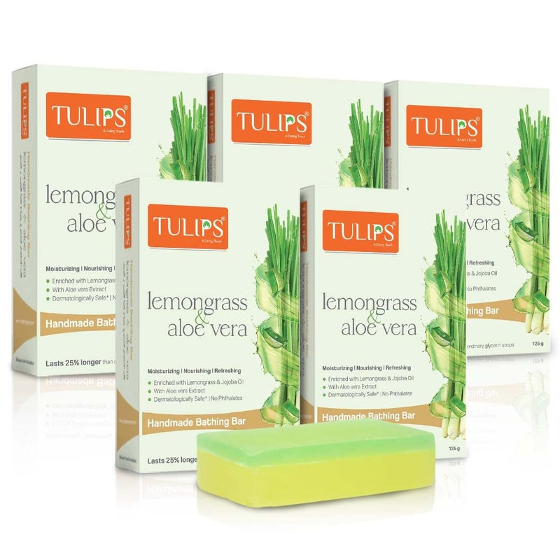 TULIPS Moisturizing, Nourishing, Refreshing Handmade Bathing Bar Soap with Lemongrass & Aloe Vera {Pack of 5} - Image 1