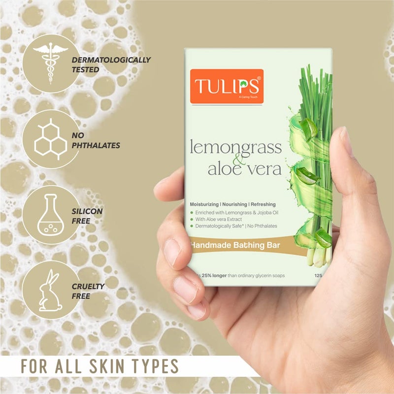 TULIPS Moisturizing, Nourishing, Refreshing Handmade Bathing Bar Soap with Lemongrass & Aloe Vera {Pack of 5} - Image 5