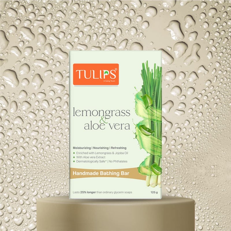 TULIPS Moisturizing, Nourishing, Refreshing Handmade Bathing Bar Soap with Lemongrass & Aloe Vera {Pack of 5} - Image 2