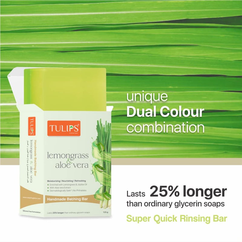 TULIPS Moisturizing, Nourishing, Refreshing Handmade Bathing Bar Soap with Lemongrass & Aloe Vera {Pack of 5} - Image 3