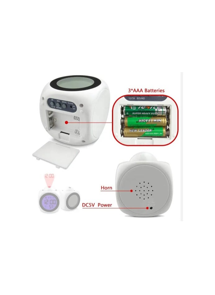 Home - Digital LCD Voice Talking Alarm Clock Projection LED Wall Ceiling Alarm Clock Snooze/Temperature Display 12H/24H Alarm Clock - WHITE - Image 1
