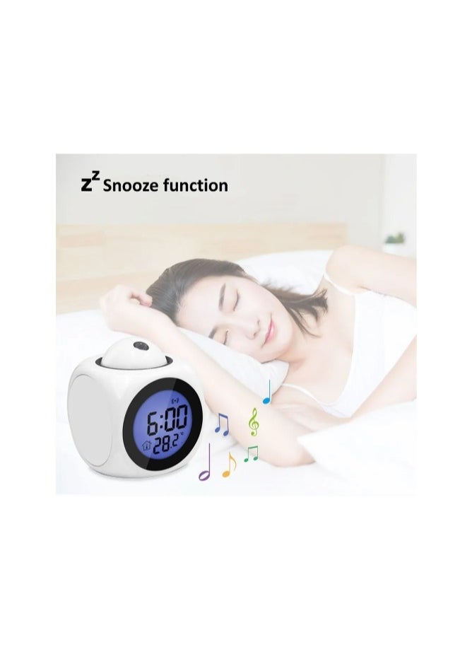 Home - Digital LCD Voice Talking Alarm Clock Projection LED Wall Ceiling Alarm Clock Snooze/Temperature Display 12H/24H Alarm Clock - WHITE - Image 1