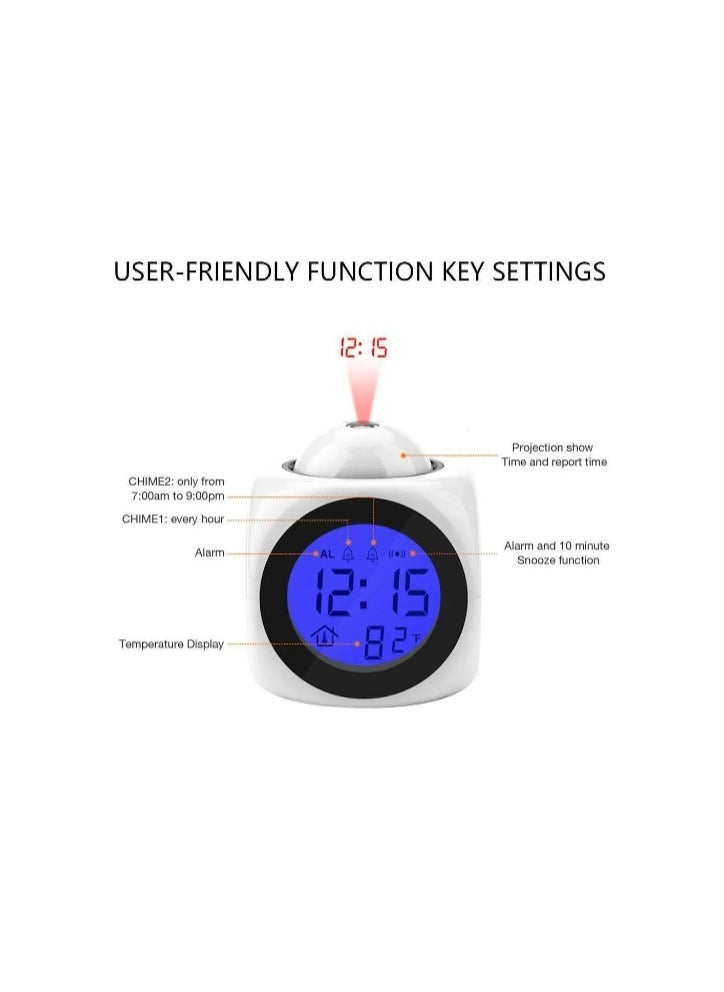 Home - Digital LCD Voice Talking Alarm Clock Projection LED Wall Ceiling Alarm Clock Snooze/Temperature Display 12H/24H Alarm Clock - WHITE - Image 1