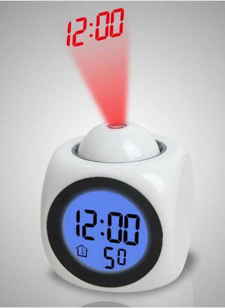 Home - Digital LCD Voice Talking Alarm Clock Projection LED Wall Ceiling Alarm Clock Snooze/Temperature Display 12H/24H Alarm Clock - WHITE - Image 1