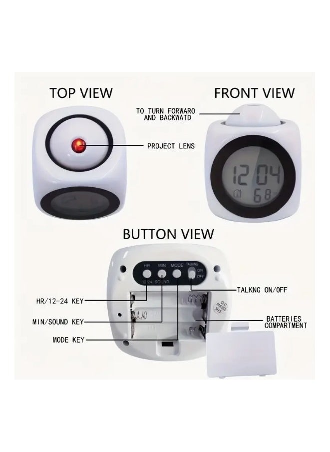 Home - Digital LCD Voice Talking Alarm Clock Projection LED Wall Ceiling Alarm Clock Snooze/Temperature Display 12H/24H Alarm Clock - WHITE - Image 1