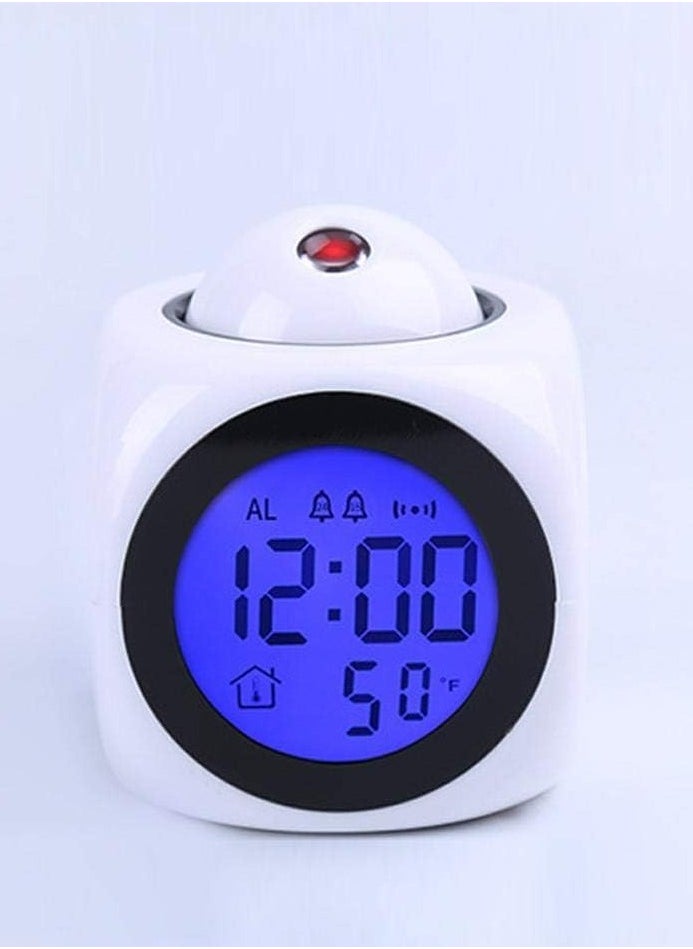 Home - Digital LCD Voice Talking Alarm Clock Projection LED Wall Ceiling Alarm Clock Snooze/Temperature Display 12H/24H Alarm Clock - WHITE - Image 1