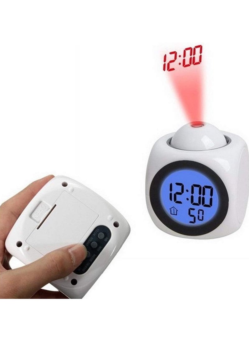 Home - Digital LCD Voice Talking Alarm Clock Projection LED Wall Ceiling Alarm Clock Snooze/Temperature Display 12H/24H Alarm Clock - WHITE - Image 1