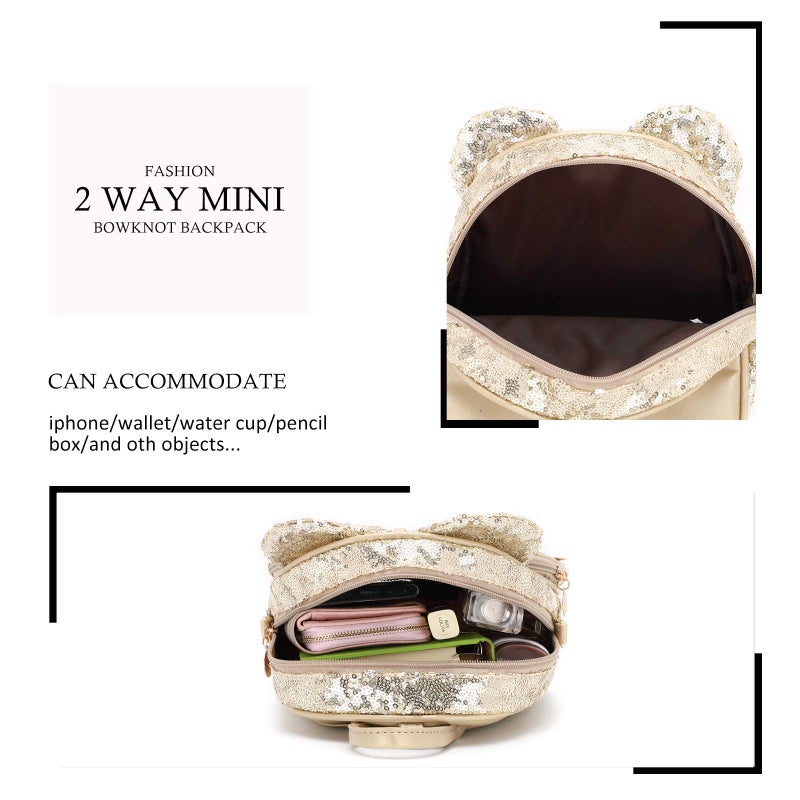 KL928 Girls Bowknot Polka Dot Cute Mini Backpack Small Daypacks Convertible Shoulder Bag Purse for Women (Golden-01) - Image 4