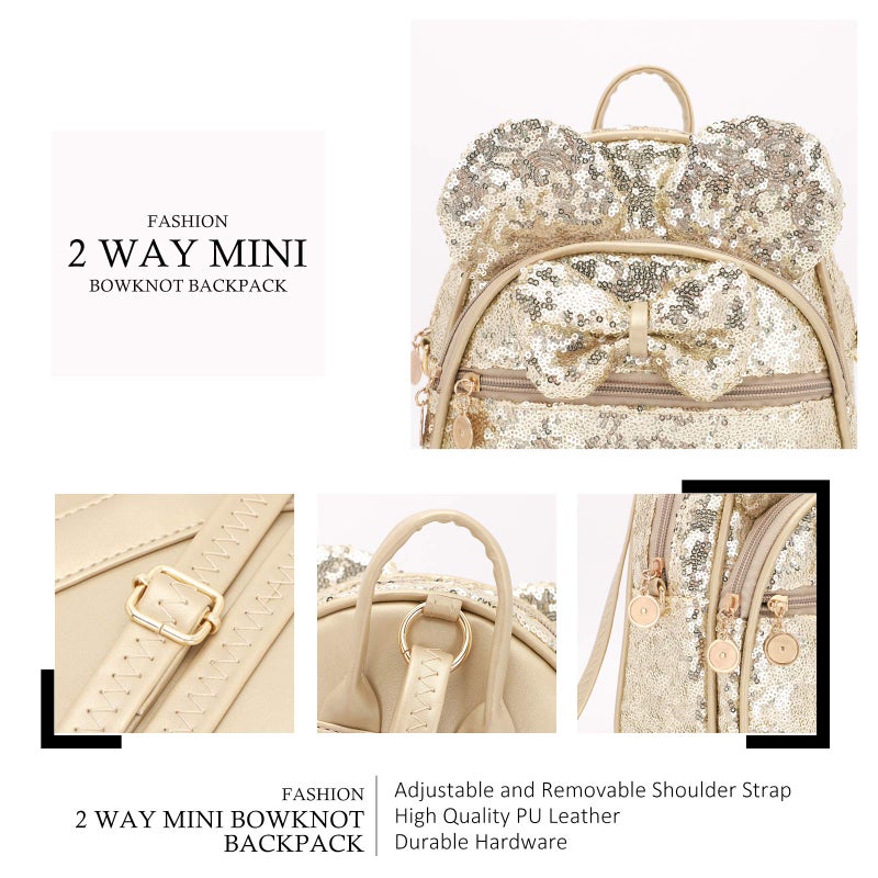KL928 Girls Bowknot Polka Dot Cute Mini Backpack Small Daypacks Convertible Shoulder Bag Purse for Women (Golden-01) - Image 3