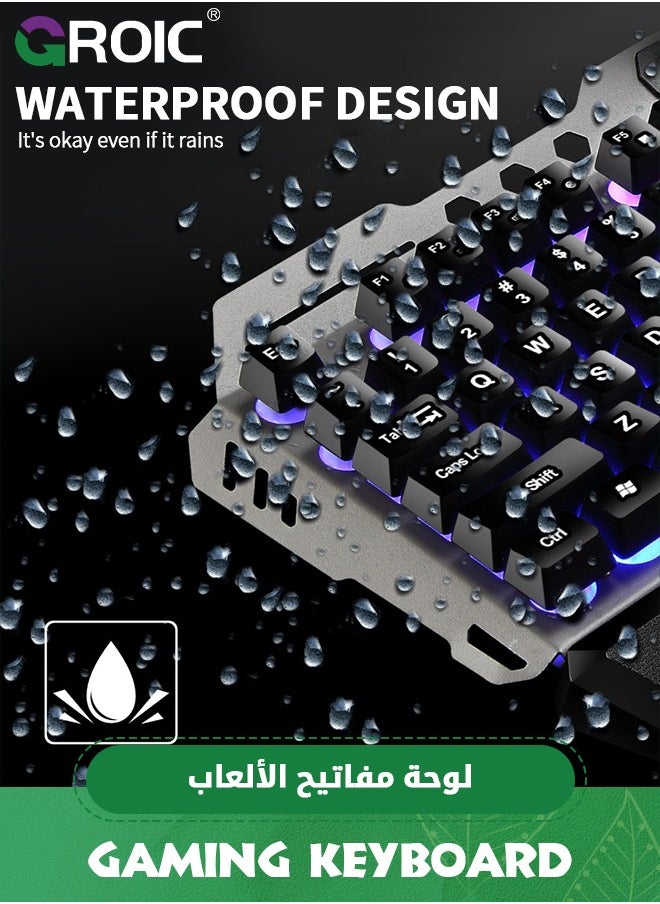 GROIC - لوحة مفاتيح للألعاب، لوحة مفاتيح شبه ميكانيكية بإضاءة خلفية RGB مع مسند للمعصم، لوحة مفاتيح سلكية مقاومة للماء مريحة بمنفذ USB، لوحة مفاتيح للألعاب لأجهزة الكمبيوتر المكتبية وأجهزة Mac وPS4 - Image 1