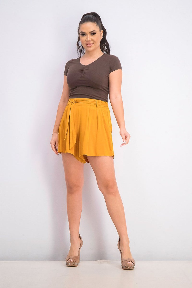 Mohito Women Belted Plain Shorts, Mustard - Image 2
