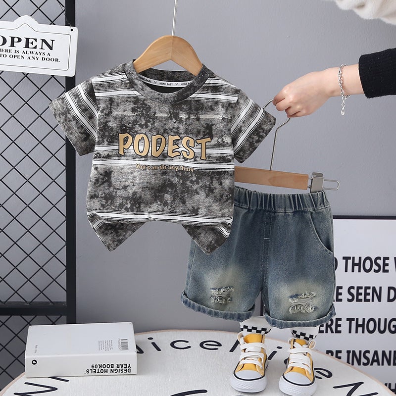Boys Suit Style Boys Summer Style Batik Stripesd Letter Short-Sleeved Ripped Denim Shorts Two Pieces - Image 1