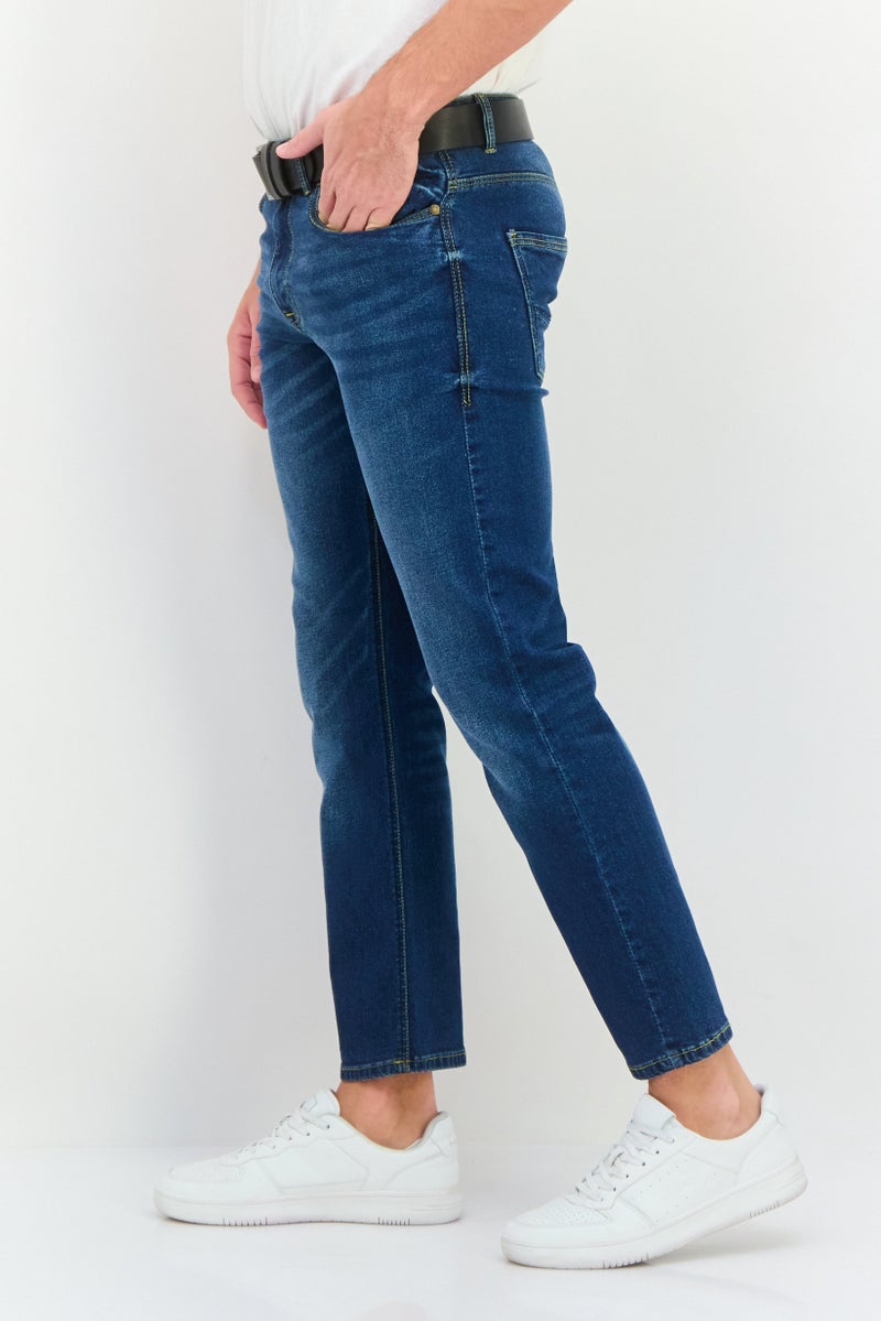 CROSSHATCH Men Straight Fit Washed Stretchable Belted Jeans, Blue - Image 2