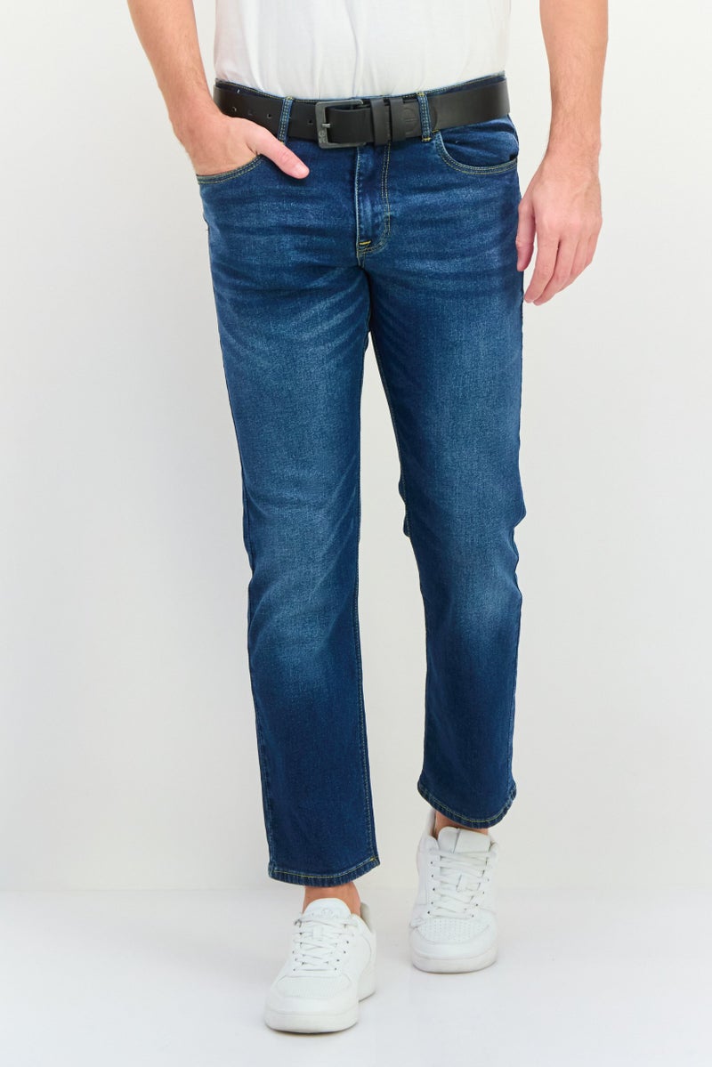 CROSSHATCH Men Straight Fit Washed Stretchable Belted Jeans, Blue - Image 1