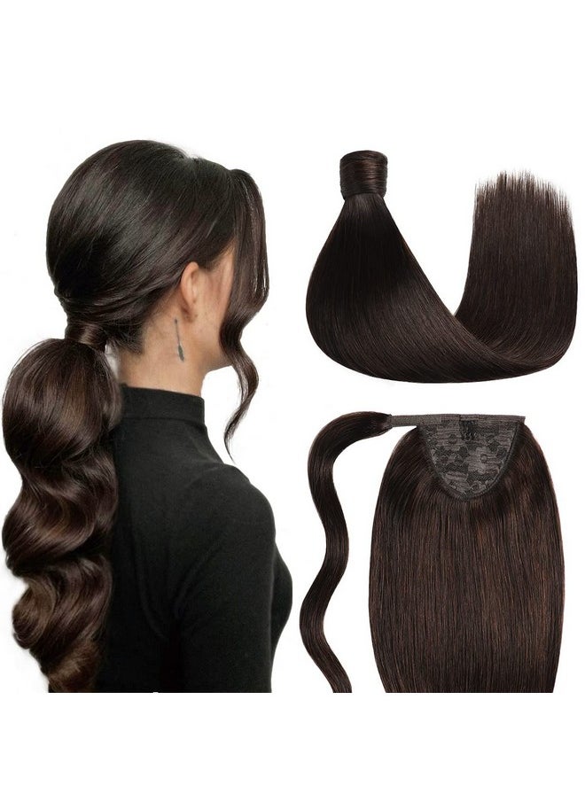 SUYYA Uyya Human Hair Ponytail Wrap Around Clip In Hair Piece Ponytail Extension Human Hair Straight Ponytail Hair Extensions With Magic Paste 70G 14 Inch 2 Darkest Brown  - Image 2