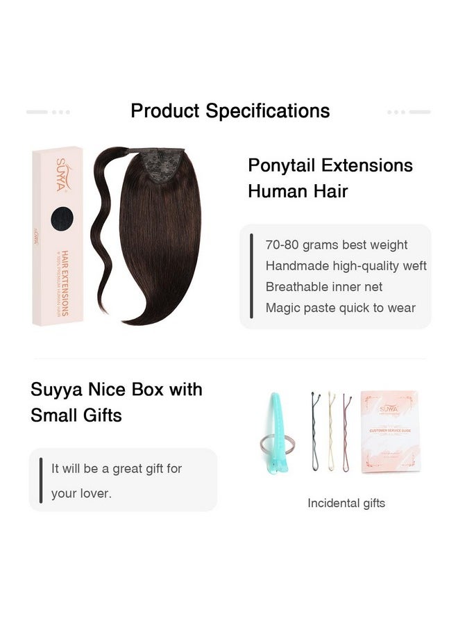 SUYYA Uyya Human Hair Ponytail Wrap Around Clip In Hair Piece Ponytail Extension Human Hair Straight Ponytail Hair Extensions With Magic Paste 70G 14 Inch 2 Darkest Brown  - Image 3