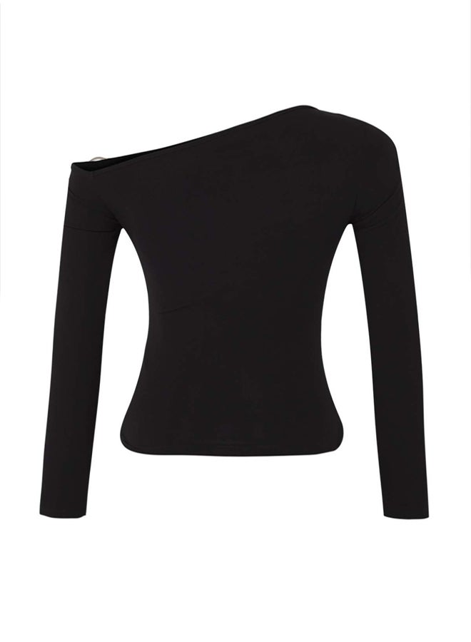 trendyol Black Fitted/BodyFitting Accessory Detail Asymmetric Collar Stretch Knitted Blouse - Image 5