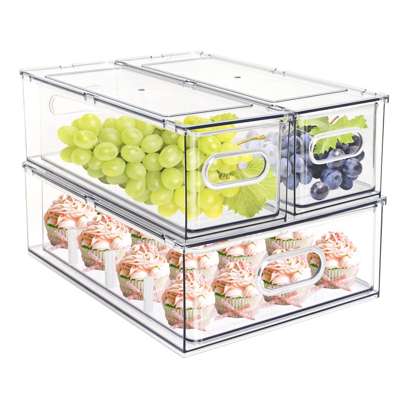 MineSign Set of 3 Stackable Refrigerator Organizer Bins PullOut Drawers for Fruit and Veggies Divided Storage Organizer for Fridge Clear Drawer Containers with Handle for Produce Saver Eggs Snack