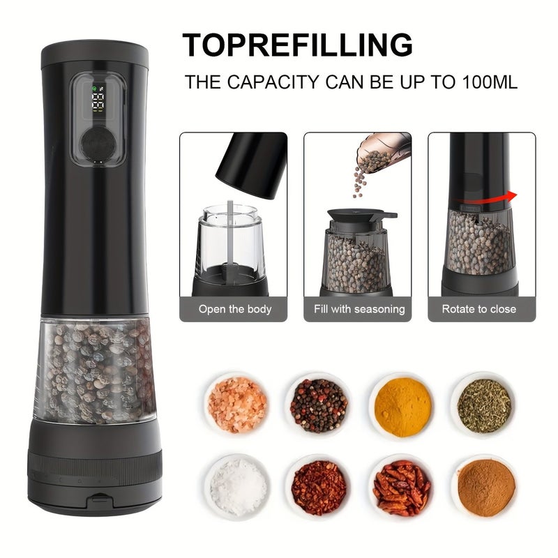 2Pcs Black Electric Salt and Pepper Grinder Set Cordless Rechargeable Spice Mill With One Touch Operation 9500 RPM High Speed Motor Smart Display Coarseness Adjustment One Hand Grinding Charging Base - Image 3