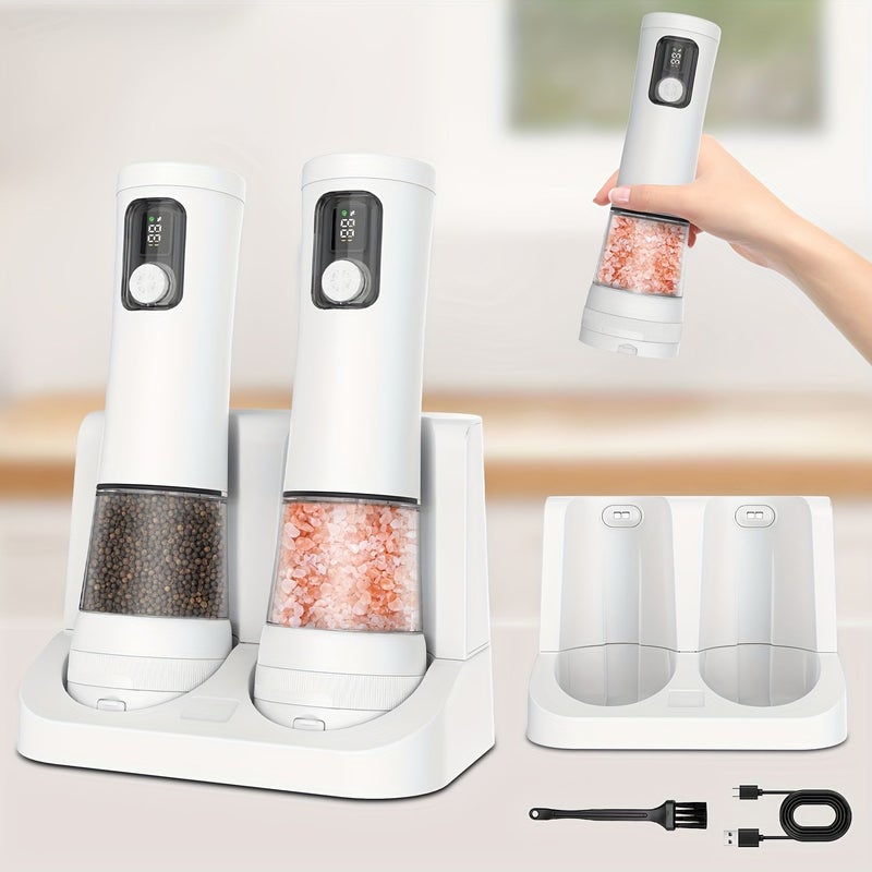 2Pcs Black Electric Salt and Pepper Grinder Set Cordless Rechargeable Spice Mill With One Touch Operation 9500 RPM High Speed Motor Smart Display Coarseness Adjustment One Hand Grinding Charging Base - Image 1