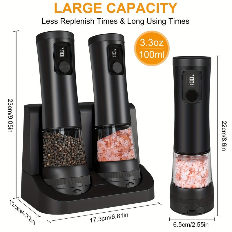 2Pcs Black Electric Salt and Pepper Grinder Set Cordless Rechargeable Spice Mill With One Touch Operation 9500 RPM High Speed Motor Smart Display Coarseness Adjustment One Hand Grinding Charging Base - Image 4