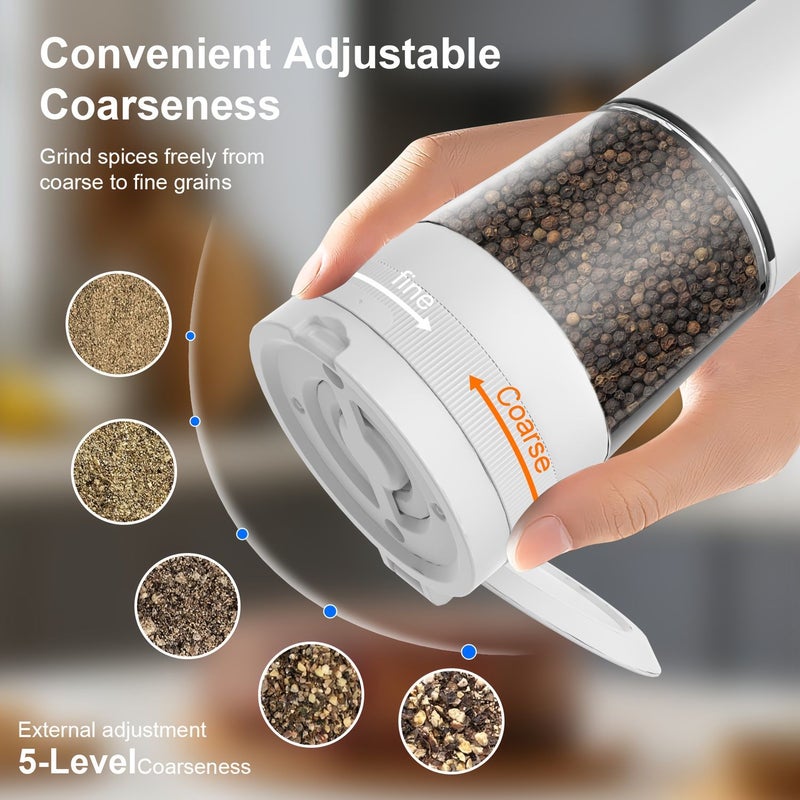2Pcs Black Electric Salt and Pepper Grinder Set Cordless Rechargeable Spice Mill With One Touch Operation 9500 RPM High Speed Motor Smart Display Coarseness Adjustment One Hand Grinding Charging Base - Image 5