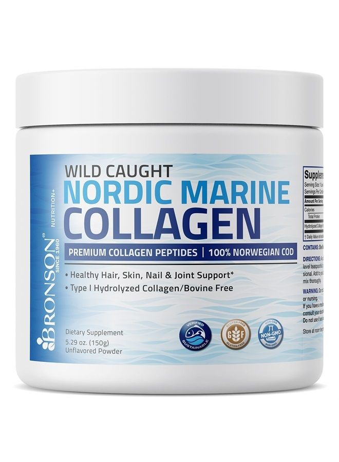 Bronson Marine Collagen Peptides Hydrolyzed Protein Powder 100% Wild Caught Nordic Cod Verified Sustainable Source for Joints Skin Hair Nails & Bones 150g (5.29oz) - Image 1