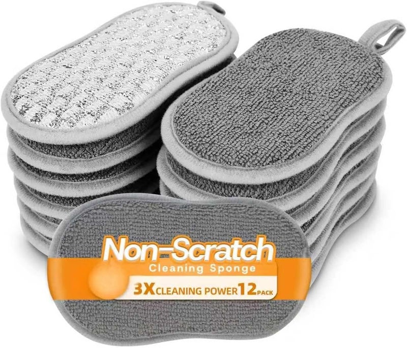 KASTWAVE 12 Pack Dual-Sided Kitchen Scrub Sponges, Non-Scratch Microfiber & Stainless Steel Scrubber, Reusable, Multi-Purpose Dish, Pot, Glass, Sink, Bathroom Cleaning Pads - Image 1